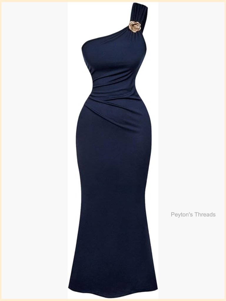 One Shoulder Ruched Flared Maxi Dress Metallic Floral